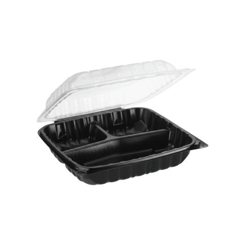 10" x 10" Microwaveable 3-Compartment Black Base with Clear Hinged Lid Plastic Take-out Containers - (150/Case)
