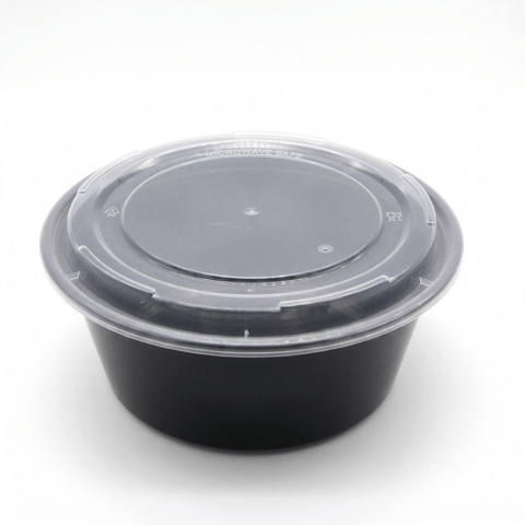 100 oz Heavy Duty Black Microwavable Round PP Plastic Food Container with Clear Lid - (90/Case)