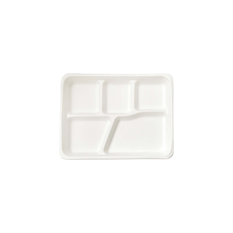 10.43" x 8.46" 5-Compartment PFAS Free Compostable Lunch Trays - (500/Case)