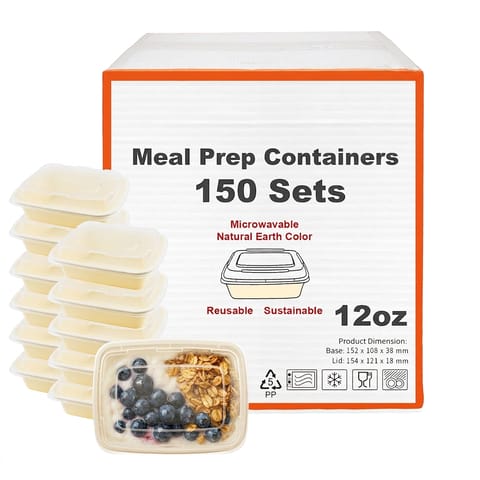 12 oz Beige Microwavable Rectangular PP Plastic Food Container with Clear Lid - (150/Case)