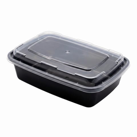 12 oz Black Microwavable Rectangular PP Plastic Food Container with Clear Lid - (150/Case)