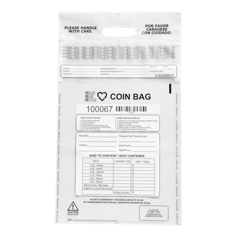 12.5" x 21.5" Clear Plastic Coin Deposit Bags with Die-Cut Handle & Tear-off Receipt