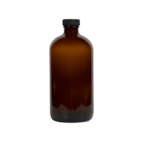 16 oz. Amber Boston Round Glass Bottle with Black Cap - (12/Case)