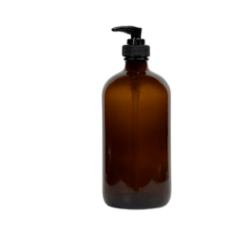 16 oz. Amber Boston Round Glass Bottle with Black Lotion Pump - (12/Case)