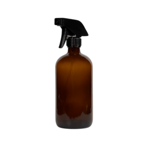 16 oz. Amber Boston Round Glass Bottle with Black Trigger Sprayer - (12/Case)