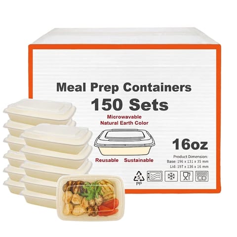 16 oz Beige Microwavable Rectangular PP Plastic Food Container with Clear Lid - (150/Case)
