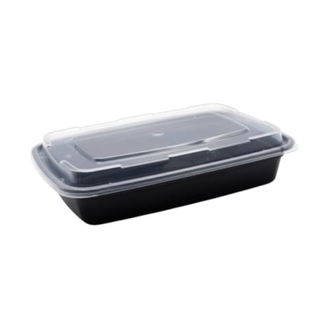 16 oz Black Microwavable Rectangular PP Plastic Food Container with Clear Lid - (150/Case)