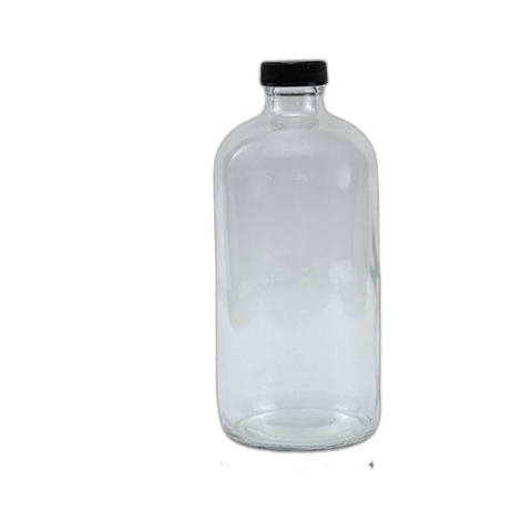 16 oz. Clear Boston Round Glass Bottle with Black Cap - (12/Case)