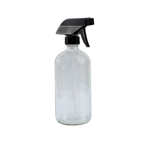 16 oz. Clear Boston Round Glass Bottle with Black Trigger Sprayer - (12/Case)