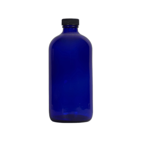 16 oz. Cobalt Blue Boston Round Glass Bottle with Black Cap - (12/Case)