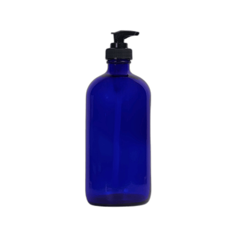 16 oz. Cobalt Blue Boston Round Glass Bottle with Black Lotion Pump - (12/Case)