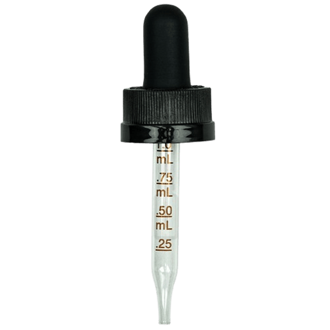 18-400 Black CRC Dropper with 66 mm Graduated Glass Pipette (Fits 0.5 oz Boston Round Bottle) - 1400/Case