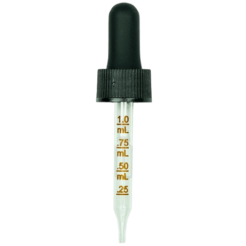 18-400 Black Dropper with 66 mm Graduated Glass Pipette (Fits 0.5 oz Boston Round Bottle) - 1000/Case