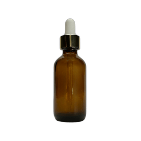 2 oz. (60 ml) Amber Boston Round Glass Bottle with White Bulb & Gold Dropper - (49/Case)