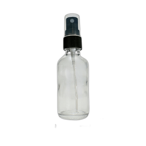2 oz. (60 ml) Clear Boston Round Glass Bottle with Black Fine Mist Sprayer and Clear Overcap - (49/Case)