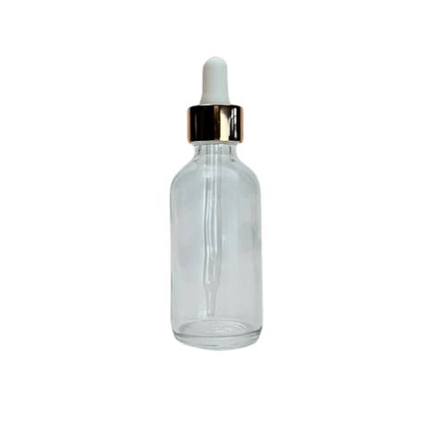 2 oz. (60 ml) Clear Boston Round Glass Bottle with White Bulb & Rose Gold Dropper - (49/Case)