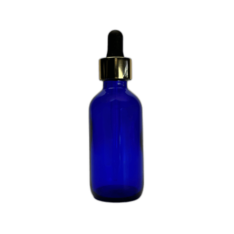 2 oz. (60 ml) Cobalt Blue Boston Round Glass Bottle with Black Bulb & Gold Dropper - (49/Case)