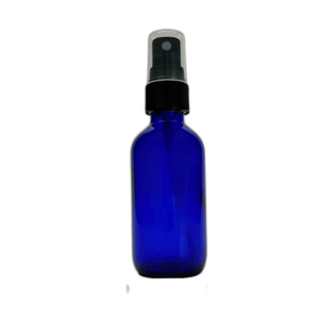 2 oz. (60 ml) Cobalt Blue Boston Round Glass Bottle with Black Fine Mist Sprayer and Clear Overcap - (49/Case)