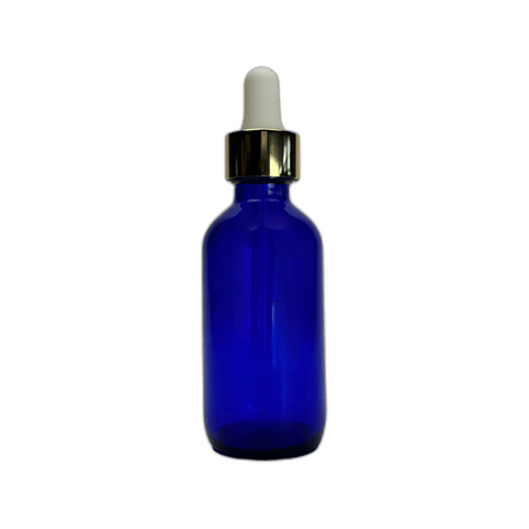 2 oz. (60 ml) Cobalt Blue Boston Round Glass Bottle with White Bulb & Gold Dropper - (49/Case)