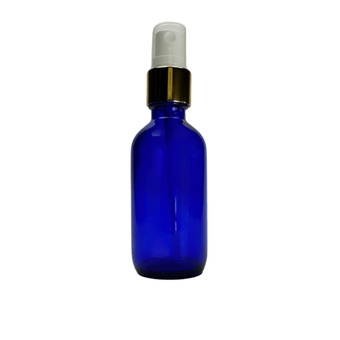 2 oz. (60 ml) Cobalt Blue Boston Round Glass Bottle with White Fine Mist Sprayer, Gold Collar and Clear Overcap - (49/Case)