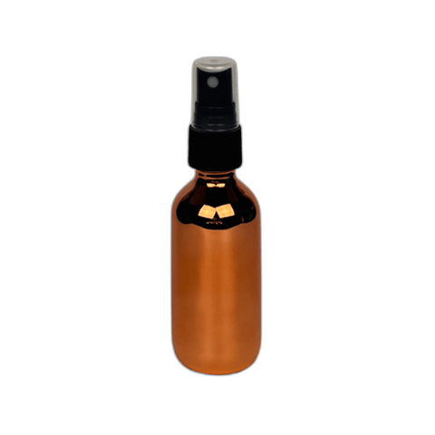 2 oz. (60 ml) Copper Boston Round Glass Bottle with Black Fine Mist Sprayer and Clear Overcap - (49/Case)
