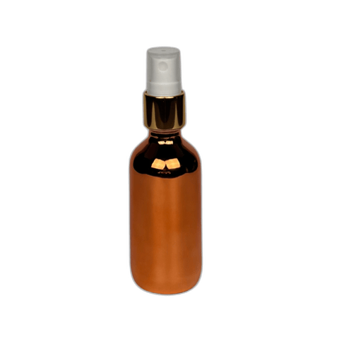 2 oz. (60 ml) Copper Boston Round Glass Bottle with White Fine Mist Sprayer, Gold Collar and Clear Overcap - (49/Case)