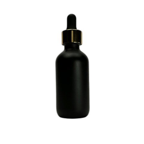 2 oz. (60 ml) Matte Black Boston Round Glass Bottle with Black Bulb & Gold Dropper - (49/Case)
