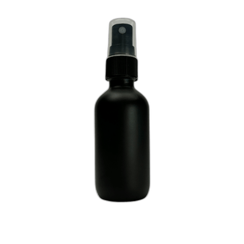 2 oz. (60 ml) Matte Black Boston Round Glass Bottle with Black Fine Mist Sprayer and Clear Overcap - (49/Case)