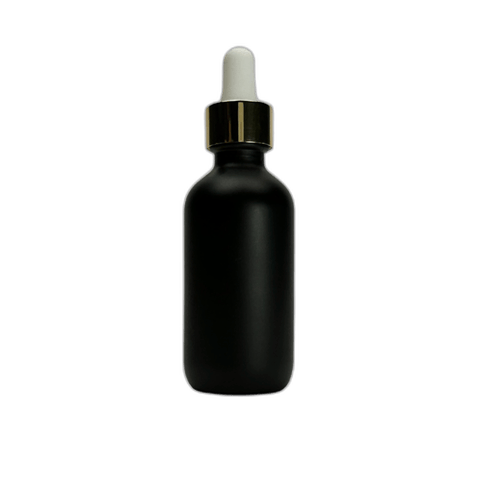 2 oz. (60 ml) Matte Black Boston Round Glass Bottle with White Bulb & Gold Dropper - (49/Case)
