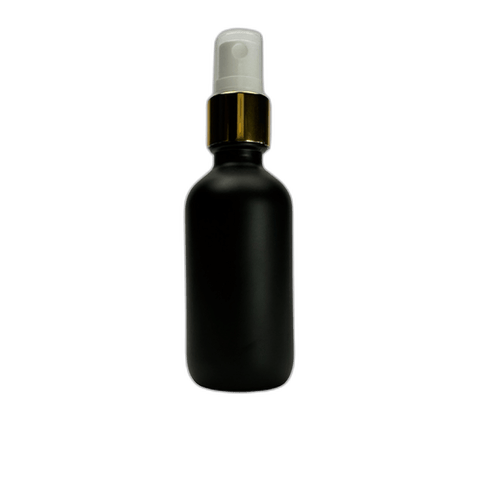 2 oz. (60 ml) Matte Black Boston Round Glass Bottle with White Fine Mist Sprayer, Gold Collar and Clear Overcap - (49/Case)
