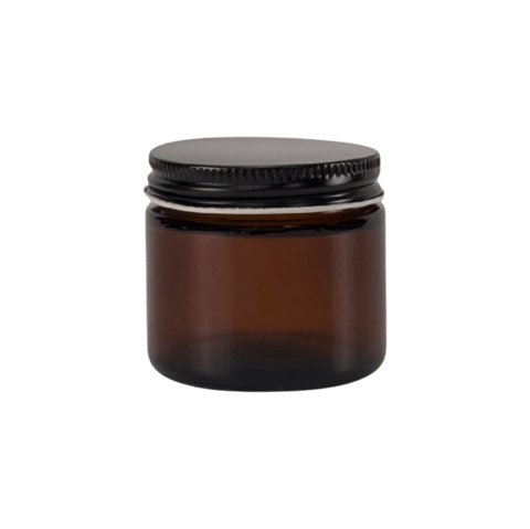 2 oz. Amber Glass 53-400 Straight Sided Round Jar with Black Metal Lid - (24/Case)