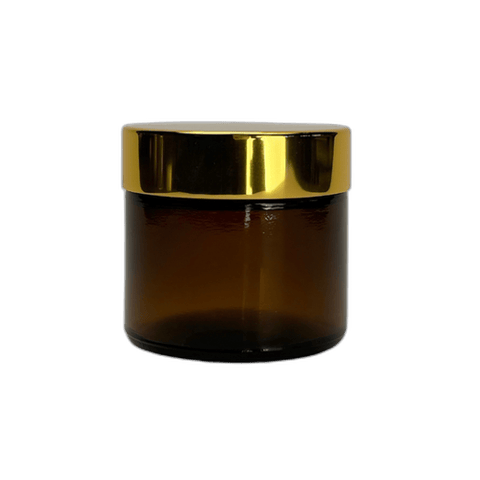 2 oz. Amber Glass 53-400 Straight Sided Round Jar with Gold Lid and Sealing Disc Liner - (24/Case)