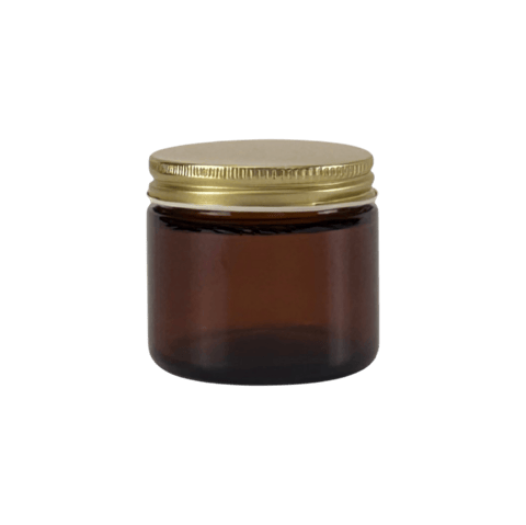 2 oz. Amber Glass 53-400 Straight Sided Round Jar with Gold Metal Lid - (24/Case)