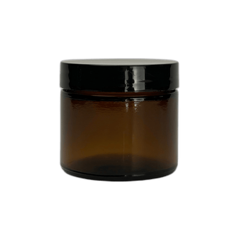 2 oz. Amber Glass 53-400 Straight Sided Round Jar with PP Black Lid and Sealing Disc Liner - (24/Case)