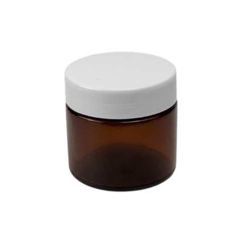 2 oz. Amber Glass 53-400 Straight Sided Round Jar with PP White Lid and Sealing Disc Liner - (24/Case)