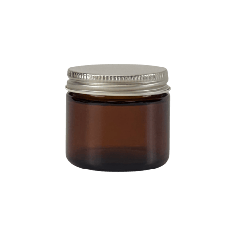 2 oz. Amber Glass 53-400 Straight Sided Round Jar with Silver Metal Lid - (24/Case)