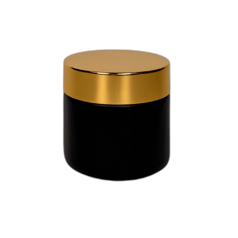 2 oz. Black Matte Glass 53-400 Straight Sided Round Jar with Gold Lid and Sealing Disc Liner - (24/Case)