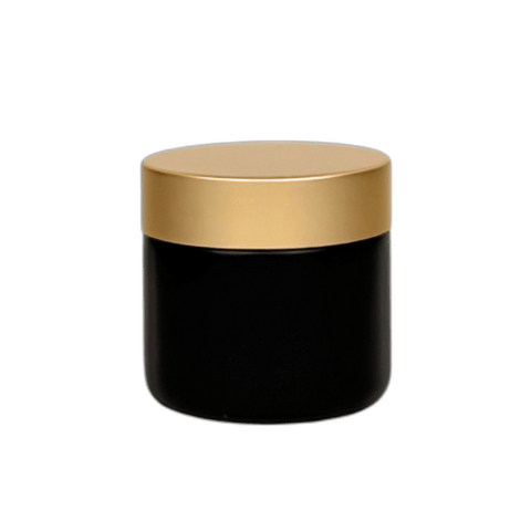 2 oz. Black Matte Glass 53-400 Straight Sided Jar with Brushed Gold Lid and Sealing Disc Liner - (24/Case)