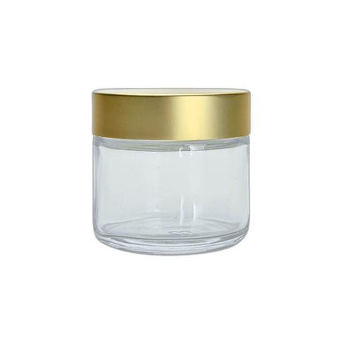 2 oz. Clear Glass 53-400 Straight Sided Jar with Brushed Gold Lid and Sealing Disc Liner - (24/Case)