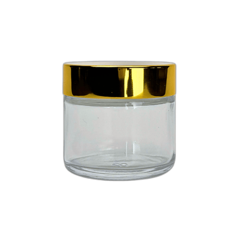 2 oz. Clear Glass 53-400 Straight Sided Round Jar with Gold Lid and Sealing Disc Liner - (24/Case)