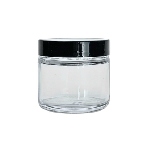 2 oz. Clear Glass 53-400 Straight Sided Round Jar with PP Black Lid and Sealing Disc Liner - (24/Case)