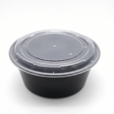 20 oz Heavy Duty Black Microwavable Round PP Plastic Food Container with Clear Lid - (150/Case)