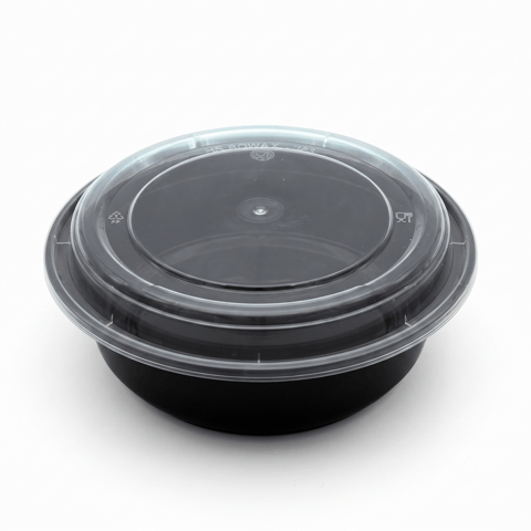 24 oz 2-Compartment Black Microwavable PP Plastic Rectangular Food Container with Clear Lid - (150/Case)