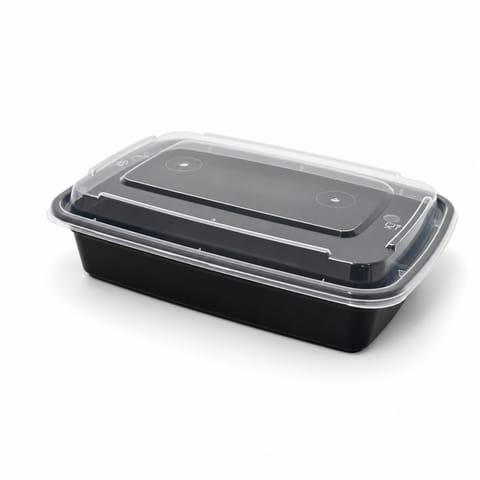 24 oz Black Microwavable Rectangular PP Plastic Food Container with Clear Lid - (150/Case)