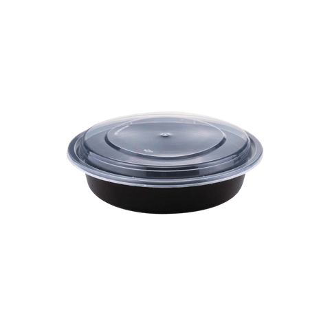 24 oz. Black Round Microwavable Heavy Weight Plastic Food Containers with Lids - (150/Case)