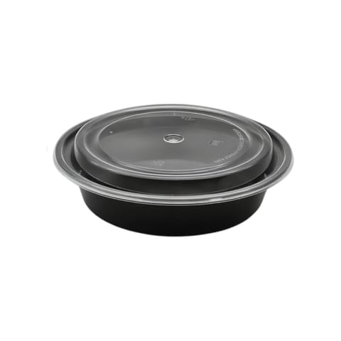 24 oz. Black Round Microwavable Heavy Weight Plastic Food Containers with Lids - (150/Case)