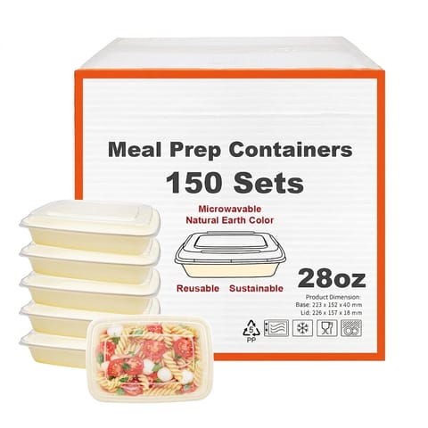 28 oz Beige Microwavable Rectangular PP Plastic Food Container with Clear Lid - (150/Case)