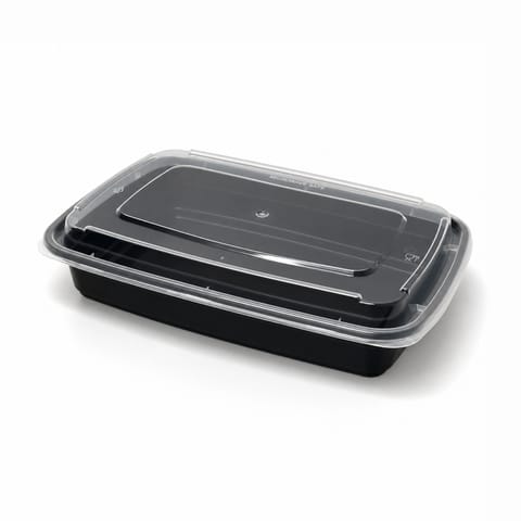 28 oz Black Microwavable Rectangular PP Plastic Food Container with Clear Lid - (150/Case)