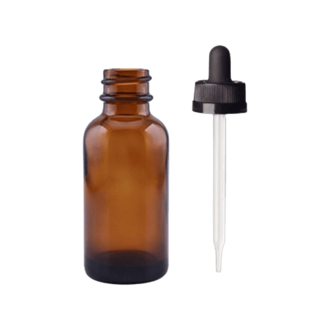 30 ml (1 oz) Amber Boston Round Glass Bottle with 20-400 Black CRC Dropper - Straight Tip Glass Pipette - (360/Case)