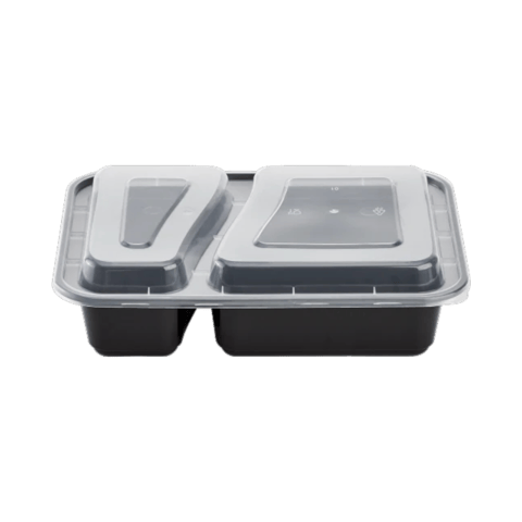 30 oz. Black 2-Compartment Rectangular Microwavable Heavy Weight Plastic Food Containers with Lids - (150/Case)